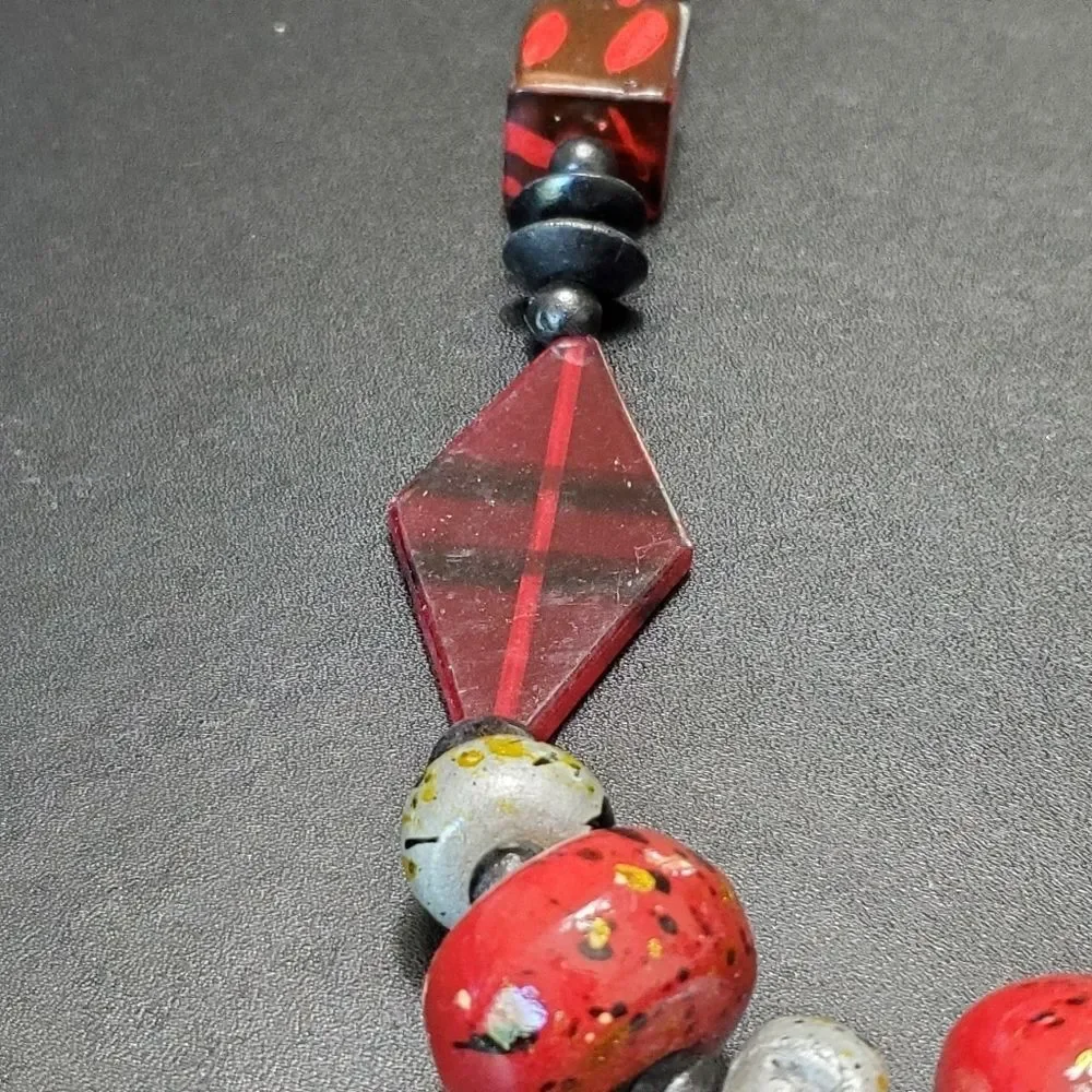 Red and black painted wood bead necklace 28